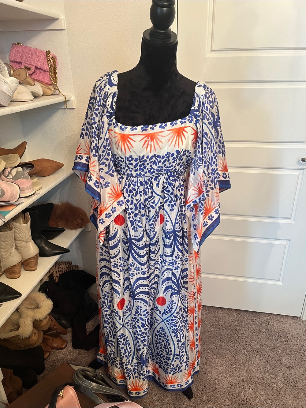 Farm Rio Boho Midi Dress in Blue, White & Red